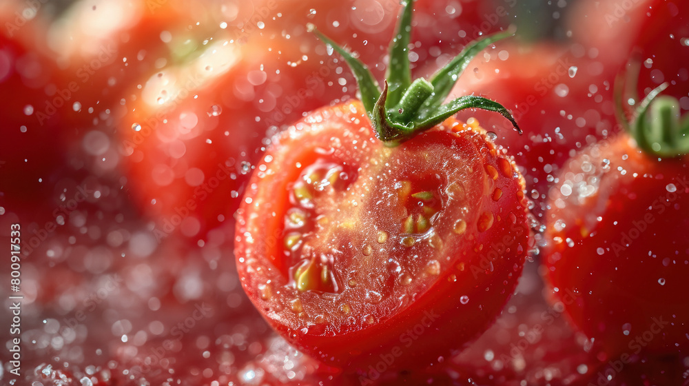 A tomato cut in half with water droplets on it. A tomato cut in half with water droplets on it.