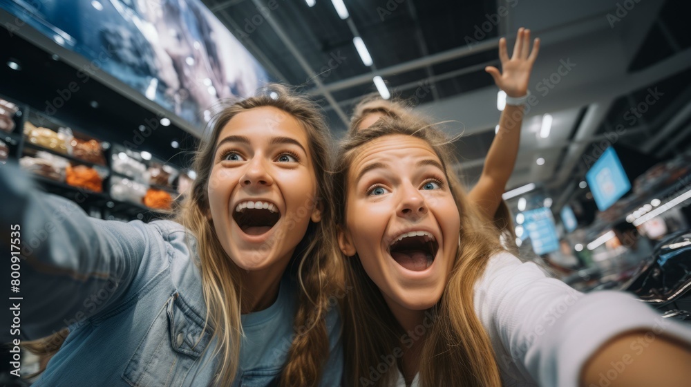 Two excited young women taking a selfie in a shopping mall Two excited young women taking a selfie in a shopping mall