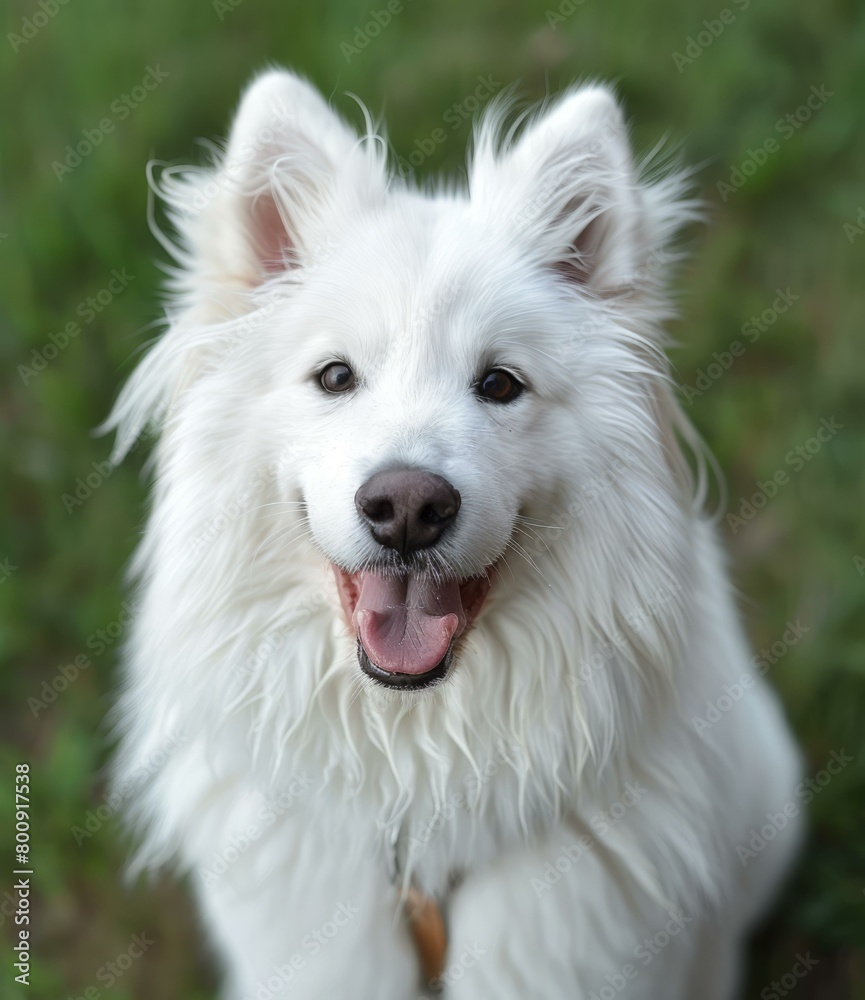 A white dog with long fur is sitting on the grass and looking at the camera