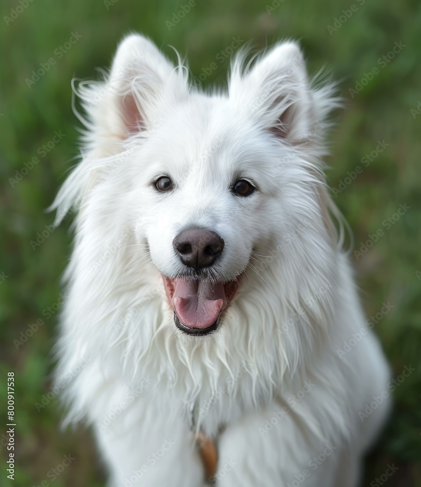 Fototapeta premium A white dog with long fur is sitting on the grass and looking at the camera