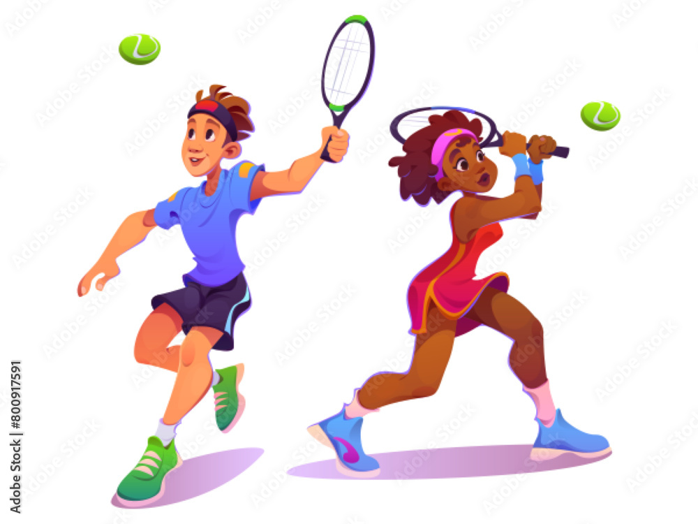 Fototapeta premium Tennis player sport character woman and man vector. Athlete people hit ball with racket cartoon illustration set. Running male student play game in uniform. Isolated professional african female person