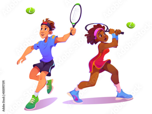 Tennis player sport character woman and man vector. Athlete people hit ball with racket cartoon illustration set. Running male student play game in uniform. Isolated professional african female person © klyaksun