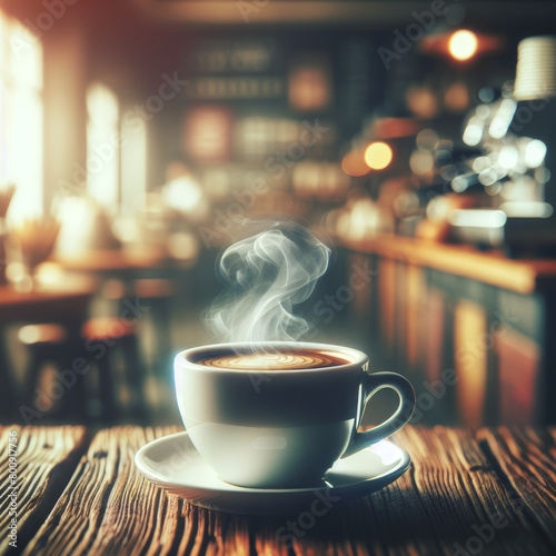 A steaming cup of Americano on a table with a blurred cafe background. AI generated.