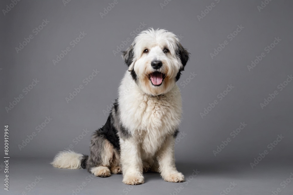 sit Old English Sheepdog dog with open mouth looking at camera, copy space. Studio shot. sit Old English Sheepdog dog with open mouth looking at camera, copy space. Studio shot.