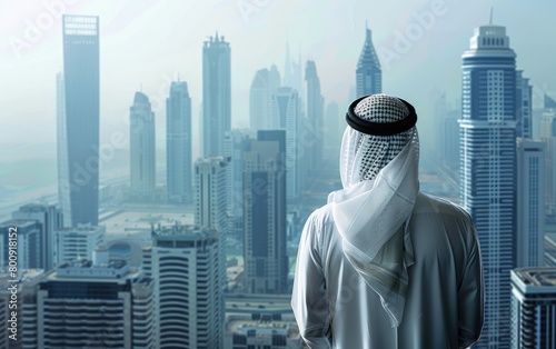 A Modern Arab Gentleman Faces a Skyscraper, Metropolitan Middle Easterner, Copy Space photo