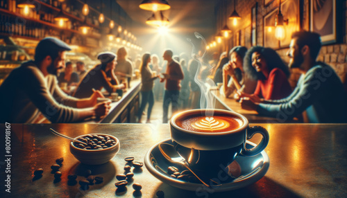 An inviting shot of espresso on a cafe counter, with a blurred crowd in the cafe background. AI generated.
