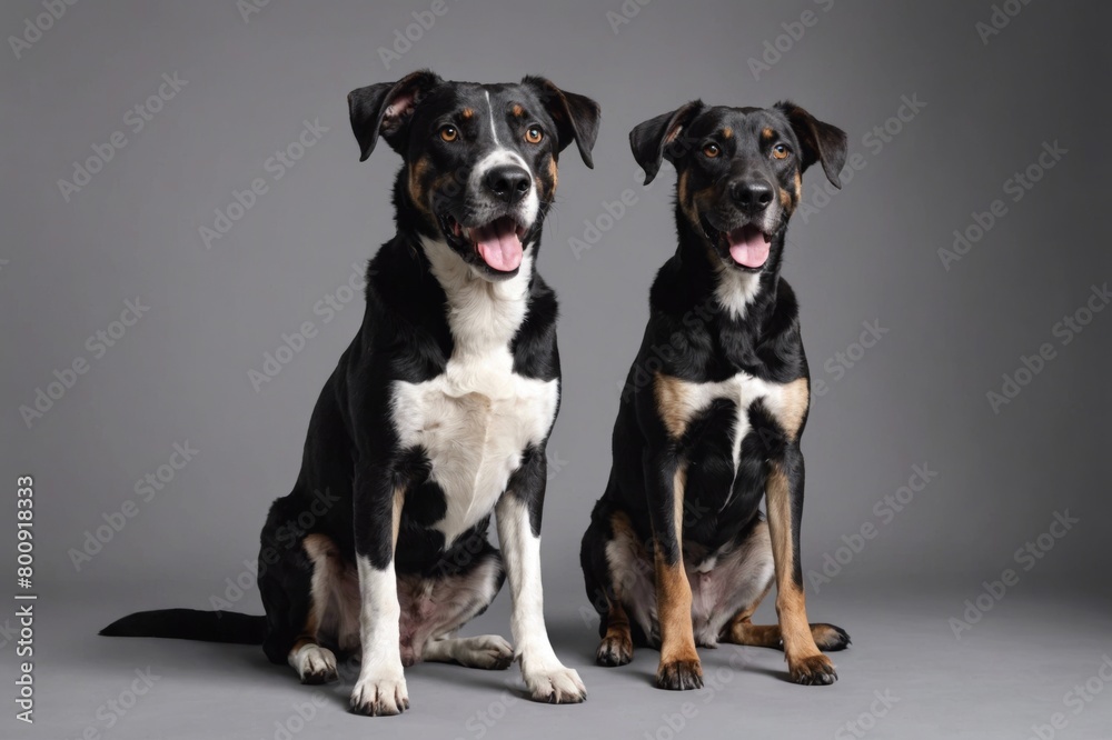 Two sit Plott dogs with open mouth looking at camera, copy space. Studio shot. Two sit Plott dogs with open mouth looking at camera, copy space. Studio shot.