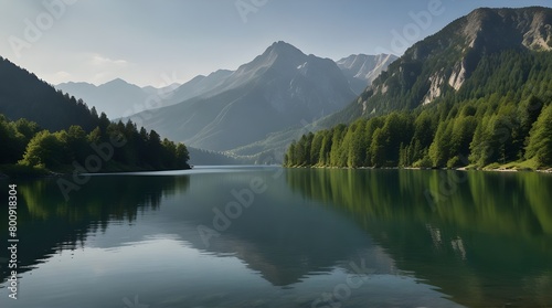 Volcanic mountain in morning light reflected in calm waters of lake.generative.ai photo
