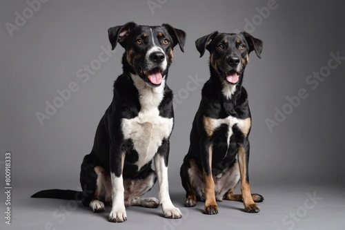 Two sit Plott dogs with open mouth looking at camera, copy space. Studio shot.