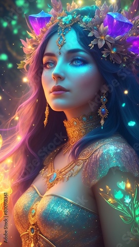 Beautiful woman in a bright dress and extravagant floral decorations on her head, with a gold necklace and earrings