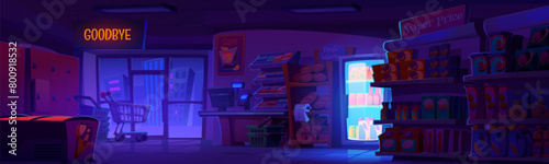 Supermarket interior with products on shelves and in refrigerators, cashier desk and lockers at night. Cartoon dark vector illustration of empty closed retail shop building inside with fresh groceries