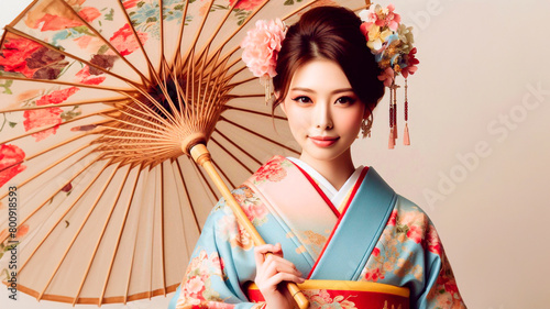 Charming woman in a beautiful Japanese kimono in oriental national style with an umbrella isolated on a plain background. Traditional women's dress in Japan.