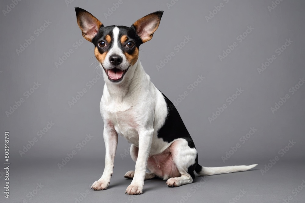sit Rat Terrier dog with open mouth looking at camera, copy space. Studio shot.