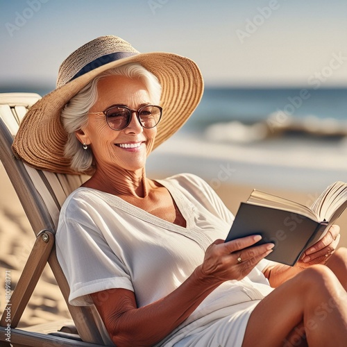 Woman lying on a deckchair on the beach and reading a book. Holidays, summer, holidays