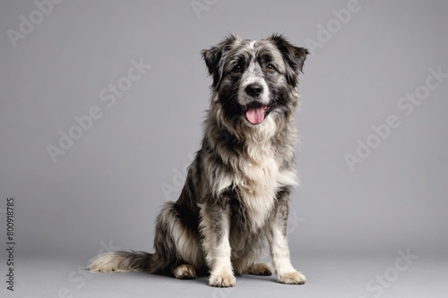 sit Pyrenean Shepherd dog with open mouth looking at camera, copy space. Studio shot. photo