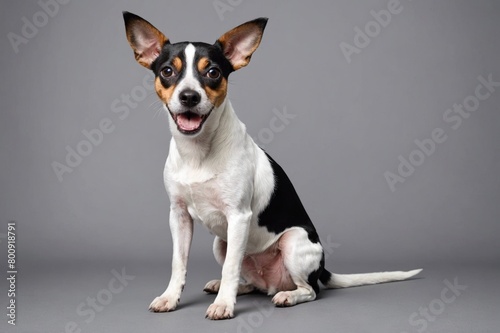 sit Rat Terrier dog with open mouth looking at camera, copy space. Studio shot. photo