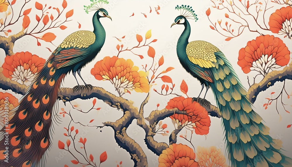 Kolorowe pawie siedzące na gałęzi drzewa. Orientalna, egzotyczna tapeta, grafika