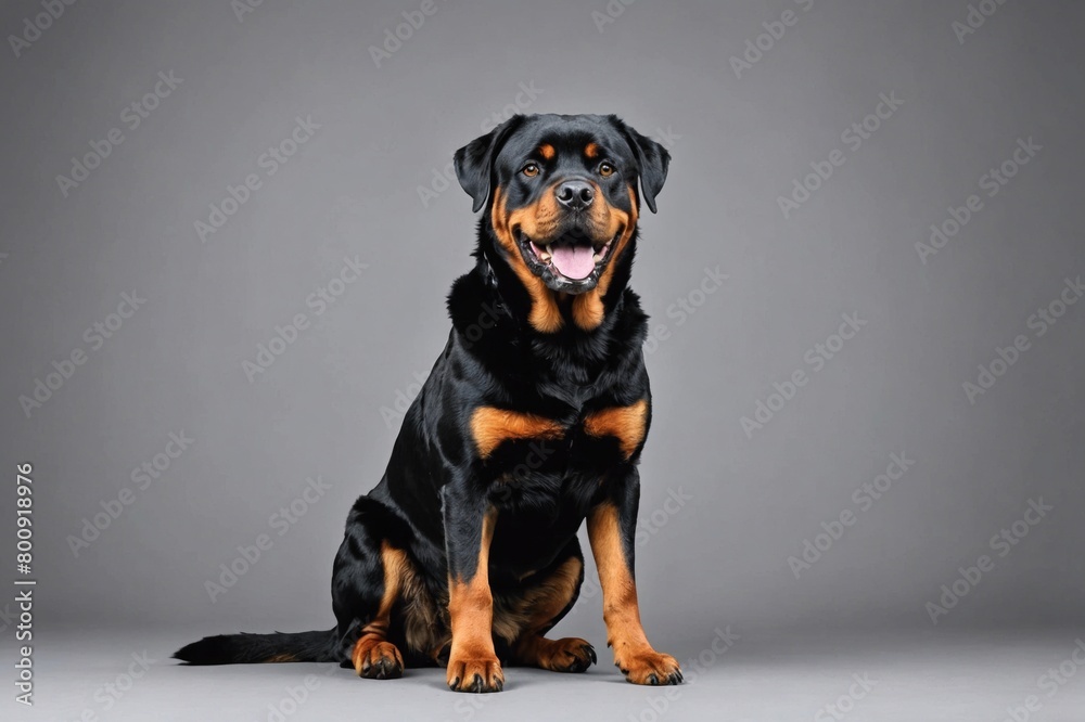 sit Rottweiler dog with open mouth looking at camera, copy space. Studio shot.