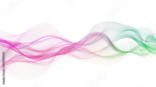 Luminous neon pink and green gradient wave lines radiating energy, isolated on a solid white background."