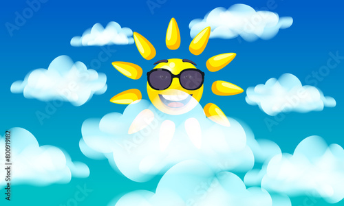 Sun in sunglasses character smiley cartoon, blue sky with clouds