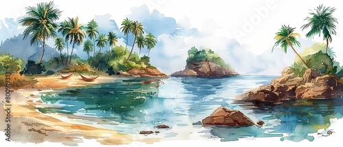 A tropical island paradise with palm trees hammocks