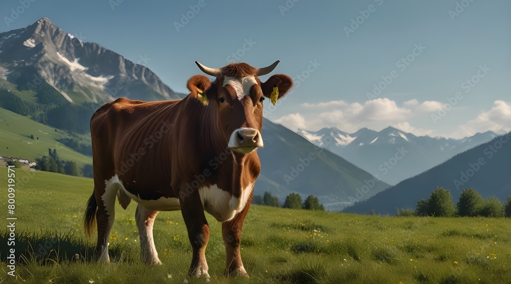 One cow in summer meadow against backdrop of alpine mountains and blue sky.generative.ai