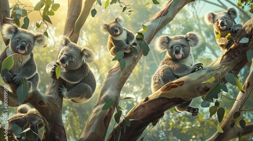 A group of koalas playing a matching game on a eucalyptus tree, using leaves as controllers.