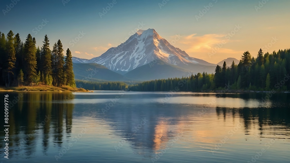 A mountain lake with crystal clear water reflecting the mountains and trees on the shore.