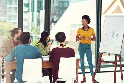 Creative woman, coach and meeting with whiteboard for team discussion or presentation at office. African female person or speaker talking to group of employees in staff training, planning or startup