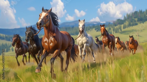 A group of horses playing a racing game on a ranch, using special stirrup controllers. photo