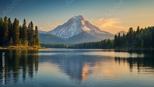 A mountain lake with crystal clear water reflecting the mountains and trees on the shore.