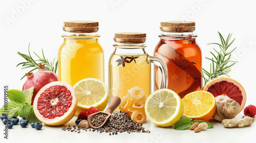 Three glass bottles of honey with various fruits, nuts, and spices on a white background. Healthy natural sweeteners concept.