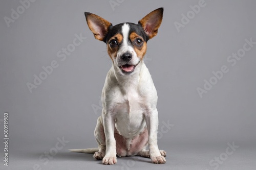 sit Toy Fox Terrier dog with open mouth looking at camera, copy space. Studio shot.
