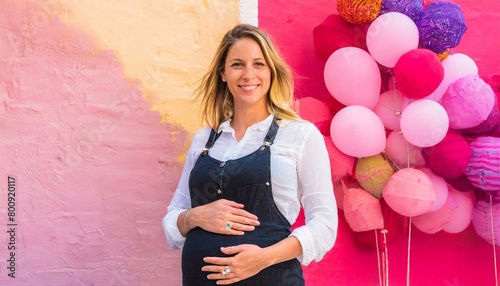 Schwangere Frau vor pinker Wand photo