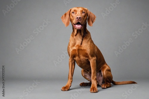 sit Vizsla dog with open mouth looking at camera, copy space. Studio shot. photo