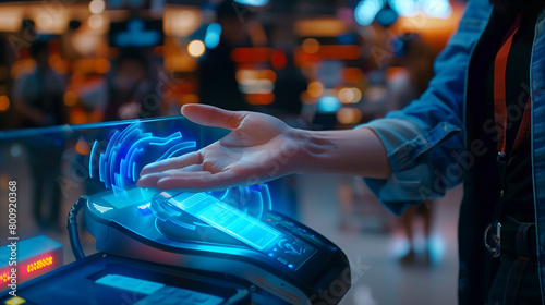 Scanner scanning her palm to pay wireless at the cashier, futuristic payment technology. Future payment concept