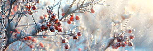 Close up on red rowan berries in snowy nature,Vibrant Red Rowan Berries in Snowy Wilderness. photo
