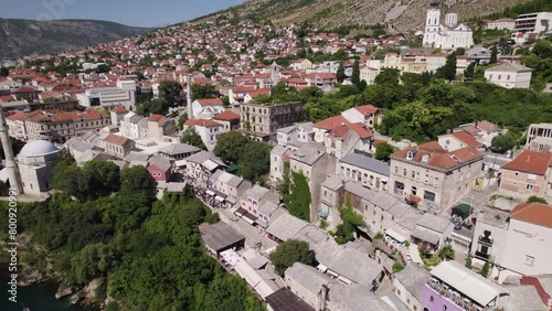 Koski Mehmed Pasha Mosque in Mostar Bosnia Herzegovina, aerial establishing overview photo