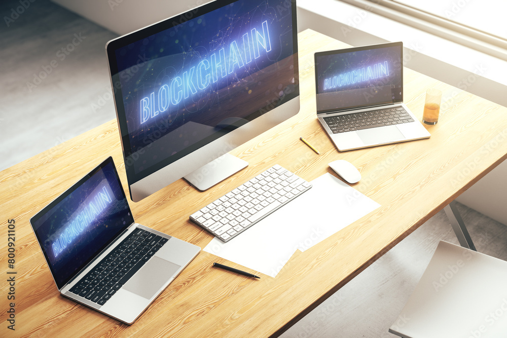 Creative concept of blockchain technology on modern laptop screen. digital money transfers and decentralization concept. 3D Rendering Creative concept of blockchain technology on modern laptop screen. digital money transfers and decentralization concept. 3D Rendering