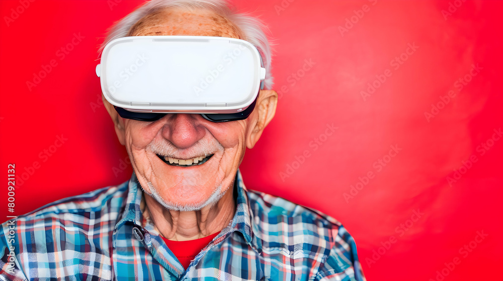 Older, mature man wearing virtual reality (VR) goggles. Light background. Space for copy. Older, mature man wearing virtual reality (VR) goggles. Light background. Space for copy.