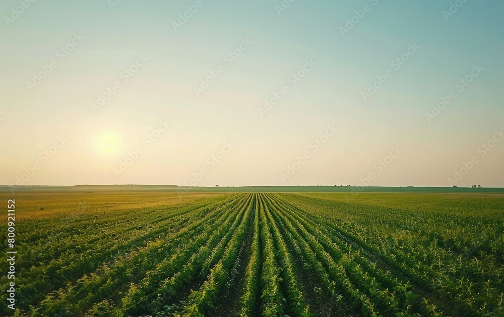 Expansive Soybean Fields Beneath a Pristine Sky, Endless Soybean Farming Beneath a Blue Canopy