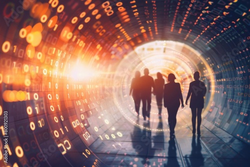 Business People Walking in a Luminous Data Tunnel with Binary Code Overlay and Cityscape - Tech Industry Digital Transformation