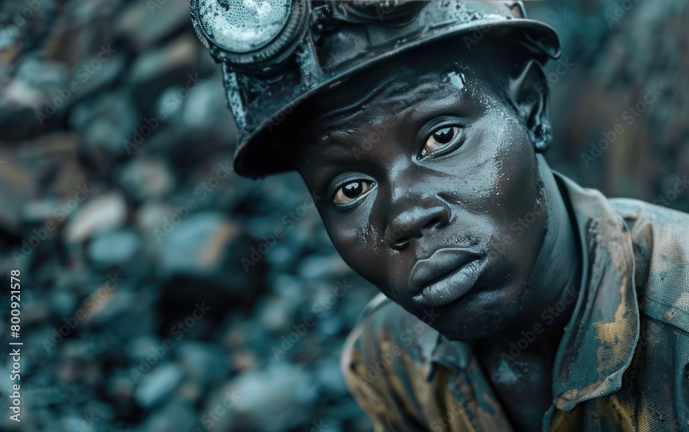 A Young African Miner Clad in Protective Gear, African Youth Adorned in Protective Attire for Mining