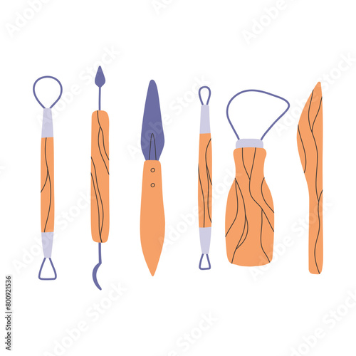 Set of pottery tools in flat style. Collection of tools for clay in hand drawn style. Vector illustration.