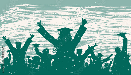 Silhouette of happy crowd of graduate students in square academic caps. Background with paintbrush stroke and blots. Graduation event. Vector  illustration.