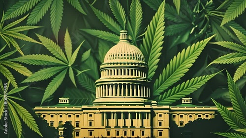 Illustration tracking through Marijuana leaves around the US Capitol Building in Washington DC. Logo for Washington DC Cannabis company or news broadcast background for marijuana legalization. photo