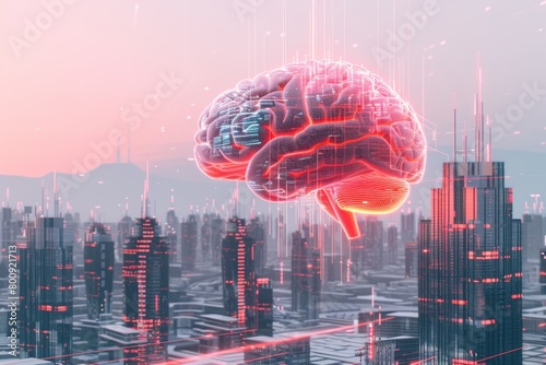 3d illustration of digital brain above the city