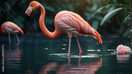 A vivid image of a flamingo gracefully standing in calm waters with lush greenery and reflection
