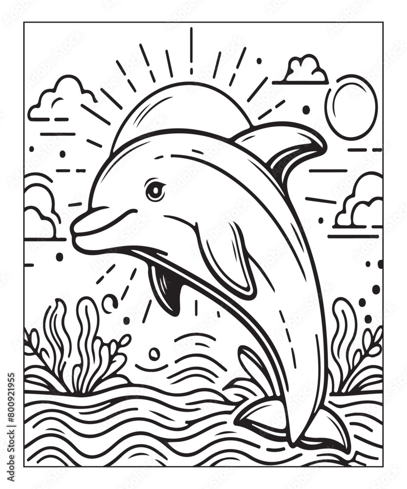 Fototapeta premium Cute dolphin coloring book for children cartoon coloring page. coloring book. Generative AI