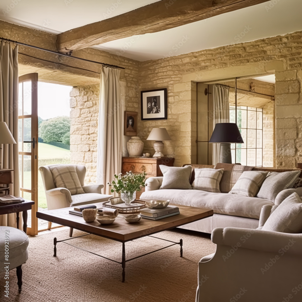 Fototapeta premium Cottage living room decor, sitting room and interior design, antique furniture, sofa and home decor in English country house and elegant farmhouse style idea